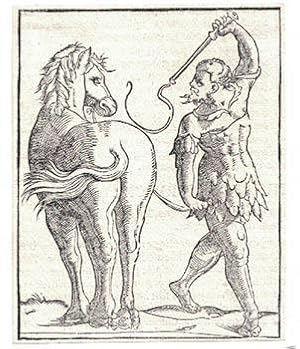 Man whipping the horse Bucephalus, from Liber V of Sebastian Münster, 'Cosmographia'. First edition.