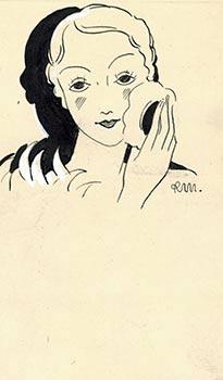 A Woman applying makeup. Design for the cosmetics brand "Soir de Paris." Original drawing.