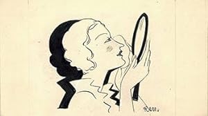 A Woman applying makeup with a hand held mirror. Design for the cosmetics brand "Soir de Paris." ...