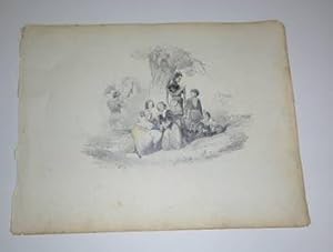 Image du vendeur pour Romantic Figures with Horses and dogs under a Tree. Original drawing. mis en vente par Wittenborn Art Books