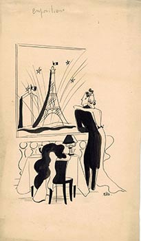 Expositions. A woman and a man in evening attire embracing overlooking the Tour Eiffel. Design fo...
