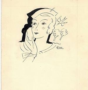A Woman applying makeup in a Hat. Design for the cosmetics brand "Soir de Paris." Original drawing.