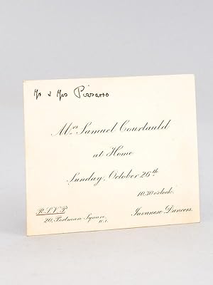 Imagen del vendedor de Invitation card : "Mrs Samuel Courtauld at Home Sunday, October 26th. 10.30 o'clock, 20 Portmann Square. Javanese Dancer" with handwritten note : "Mr. & Mrs Pissarro" a la venta por Librairie du Cardinal