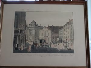 Seller image for Kolorierter Umrissradierung - Der Michael s-Platz gegen die K. K. Burg - La Place St. Michael vers le Palais Imp & Royal. Links St. Michaels-Kirche, in der Mitte das Alte Hoftheater for sale by Antiquariat Buchseite