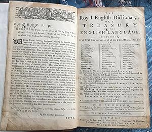 Image du vendeur pour The royal English dictionary: or, a treasury of the English language . To which is prefixed, A comprehensive grammar of the English tongue . The second edition improved. mis en vente par Jack Baldwin Rare Books