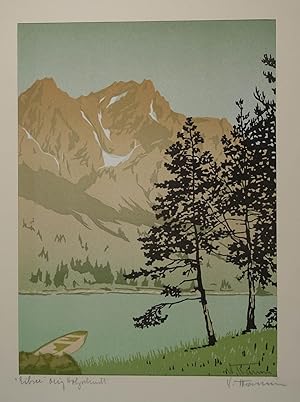 Farbholzschnitt "Eibsee", rechts unten im Bild eigenhändig mit Bleistift signiert; unter Passepar...