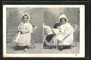 Ansichtskarte Kleines Mädchen mit Strickzeug und mit Puppe