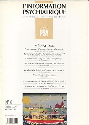 Imagen del vendedor de L'Information Psychiatrique. - Revue mensuelle des Psychiatres des Hpitaux. - N 8 - Volume 75 - Mdiations. a la venta por PRISCA