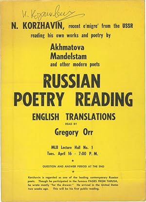 Image du vendeur pour N. Korzhavin, recent emigre from the USSR reading his own works and poetry by Akhmatova Mandelstam and other modern poets / Russian Poetry Reading / English Translations read by Gregory Orr (Original Poster) mis en vente par Royal Books, Inc., ABAA