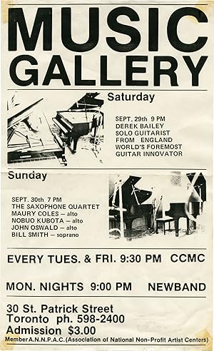 Bild des Verkufers fr Original flyer for two performances at the Music Gallery by Derek Bailey and The Saxophone Quartet, 1984 zum Verkauf von Royal Books, Inc., ABAA