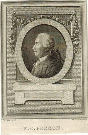 Image du vendeur pour Engraved Portrait of Freron, Head and Shoulders, in profile, oval, on pediment, after C. N. Cochin II [1715-1790] by D. Jenkins. mis en vente par R.G. Watkins Books and Prints