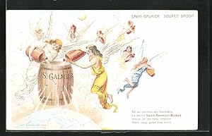 Künstler-Ansichtskarte Reklame für Tafelwasser Saint-Galmier Source Badiot, Engel lassen es St. G...