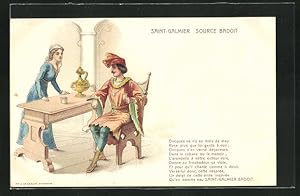 Künstler-Ansichtskarte Reklame für Tafelwasser Saint-Galmier Source Badiot, Herr und Dame trinken...
