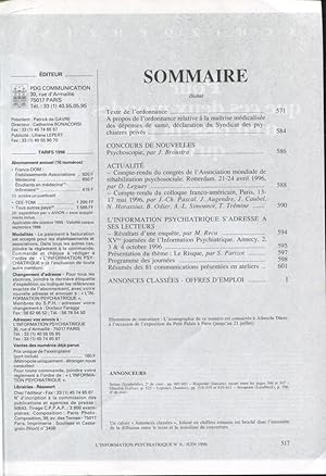 Image du vendeur pour L'Information Psychiatrique. - Revue mensuelle des Psychiatres des Hpitaux. - N 6 - Volume 72 - Cinquante ans - Tome II - Le risque. mis en vente par PRISCA