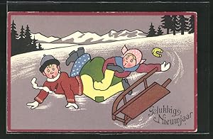 Bild des Verkufers fr Knstler-Ansichtskarte Sturz mit dem Schlitten mit folgendem guten Rutsch ins neue Jahr zum Verkauf von Bartko-Reher