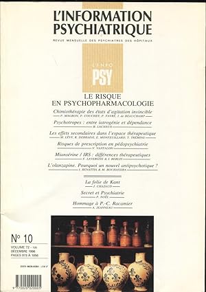 Image du vendeur pour L'Information Psychiatrique. - Revue mensuelle des Psychiatres des Hpitaux. - N 10 - Volume 72 - Le risque en Psychopharmacologie. mis en vente par PRISCA