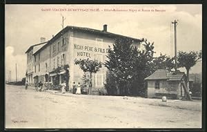 Carte postale Saint-Vincent-Durette-Quincié, Hotel-Restaurant Nigay et Route de Beaujeu