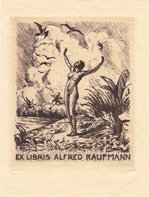 Bild des Verkufers fr Ex Libris Alfred Kaufmann. In Uferlandschaft stehender weiblicher Akt mit erhobenen Armen und Vgeln. zum Verkauf von Antiquariat  Braun