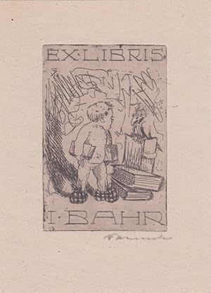 Bild des Verkufers fr Ex Libris I. Bahr. Neben Bchern und auf Buch sitzendem Raben stehender Putto in Hausschuhen, jeweils ein Buch unter dem Arm haltend. zum Verkauf von Antiquariat  Braun