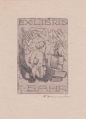 Imagen del vendedor de Ex Libris I. Bahr. Neben Bchern und auf Buch sitzendem Raben stehender Putto in Hausschuhen, jeweils ein Buch unter dem Arm haltend. a la venta por Antiquariat  Braun