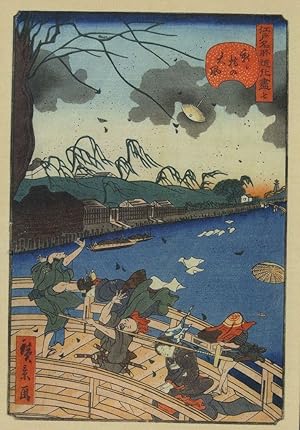 Typhoon on Atarashi Bridge Utagawa Hirokage Japanese Painting Postcard