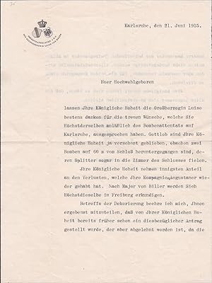 Original-Brief des Verfassers an Luise von Baden. Karlsruhe, 21. Juni 1915. (Mit Signatur des Ver...