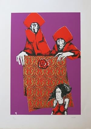 Due vescovi in rosso su fondo viola con rosa, pannello e donna in rosso.