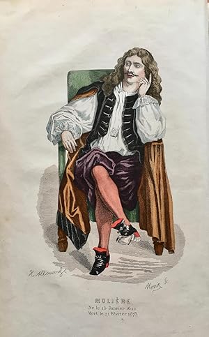 Image du vendeur pour Oeuvres compltes de Molire. Nouvelle dition imprime sur celles de 1679 et 1682, avec des notes explicatives sur les mots qui ont vieilli. Orne de portraits en pied coloris reprsentant les principaux personnages de chaque pice. Dessins de MM. Geffroy, socitaire de la Comdie franaise, et Maurice Sand. Gravures de MM. Wolf et Manceau. Prcde d'une introduction par Jules Janin. mis en vente par Jack Baldwin Rare Books