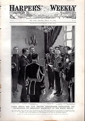 Image du vendeur pour ENGRAVING: "James Bryce, New British Ambassador, Presenting His Credentials to President Roosevelt at the White House".engravng from Harper's Weekly, March 16, 1907 mis en vente par Dorley House Books, Inc.