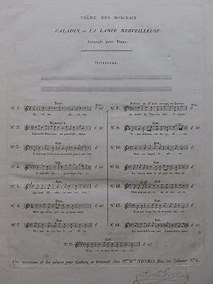 Bild des Verkufers fr BENINCORI A. M. Aladin ou La Lampe Merveilleuse No 9 Piano ou Harpe Chant ca1825 zum Verkauf von partitions-anciennes