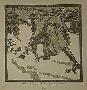 Farbholzschnitt "Zerlumpte Fau im Schnee" aus Ver Sacrum 1903, 20,5 x 20,5 cm (25,5 x 24 cm Blatt...