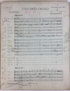 Concerto Grosso (1930) - Annotated First publisher's proof, inscribed to Serge Lifar
