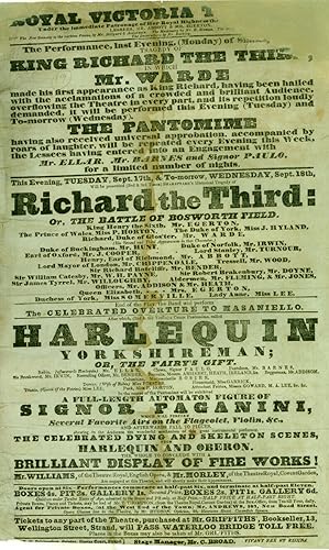 1833 Broadside Playbill advertising A FULL-LENGTH AUTOMATON FIGURE OF SIGNOR PAGANINI