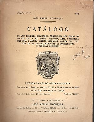 CATÁLOGO: LEILÃO Nº 17: De uma preciosa biblioteca constituída por obras do Século XVII a XX, sob...