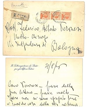 Lettera amichevole con busta viaggiata e raccomandata manoscritta a Federico Alberto Veronesi, "....