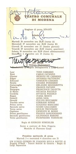 Scheda n. 5 del teatro Comunale di Modena. Stagione di Prosa 1974-1975. Re Lear di William Shakes...