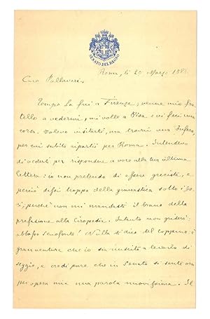 Lettera di 26 righe manoscritte su due facciate su carta intestata "Senato del Regno. Roma 20 Mar...