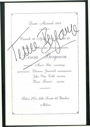 Grade autografo sul Programma di sala della serata musicale in onore del mezzosoprano Teresa Berg...