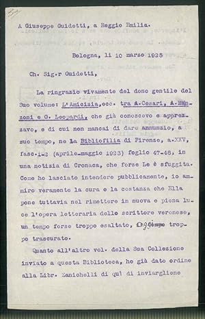 Lettera all'editore e tipografo Guidetti di Reggio Emilia in copia dattiloscritta datata Bologna,...