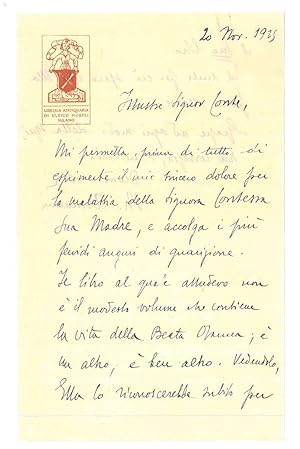 Cortese testo di 17 righe manoscritte su carta intestata con logo color ocra "Libreria antiquaria...