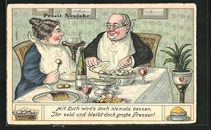 Ansichtskarte Ehepaar lässt sich das Abendessen schmecken, Prosit Neujahr! Übergewicht