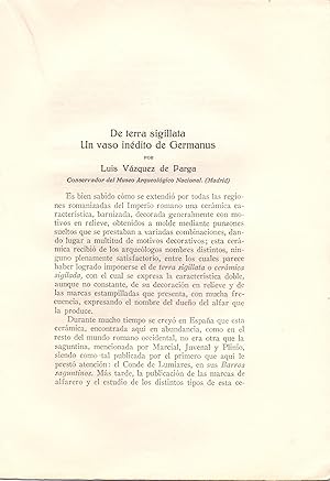 Immagine del venditore per DE TERRA SIGILLATA, UN VASO INEDITO DE GERMANUS (EXTRAIDO ORIGINAL DEL AO 1934, ESTUDIO COMPLETO TEXTO INTEGRO) venduto da Libreria 7 Soles