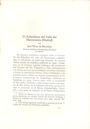 Image du vendeur pour EL ACHEULENSE DEL VALLE DEL MANZANARES, MADRID (EXTRAIDO ORIGINAL DEL AO 1934, ESTUDIO COMPLETO TEXTO INTEGRO) mis en vente par Libreria 7 Soles