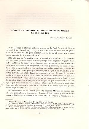 Imagen del vendedor de RELOJES Y RELOJEROS DEL AYUNTAMIENTO DE MADRID EN EL SIGLO XIX (EXTRAIDO ORIGINAL DEL AO 1971, ESTUDIO COMPLETO TEXTO INTEGRO) a la venta por Libreria 7 Soles