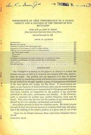 Seller image for Permanence of Tree Performance In A Clonal Variety, And A Critique Of The Theory Of Bud Mutation by Gowen, John W., Sax, Karl. for sale by Robinson Street Books, IOBA