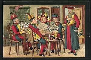 Präge-Lithographie Figuren aus Kartenspiel, Altdeutsches Blatt