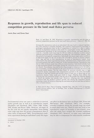 Seller image for Responses in Growth, Reproduction and Life Span to Reducted Competition Pressure in the Land Snail Balea Perversa by Baur, Anette and Baur, Bruno for sale by Robinson Street Books, IOBA