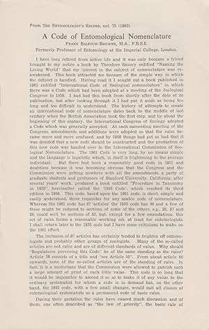 Bild des Verkufers fr A Code of Entomological Nomenclature by Balfour-Browne, Frank zum Verkauf von Robinson Street Books, IOBA