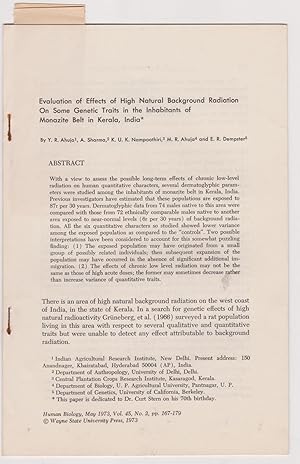 Seller image for Evaluation of Effects of High Natural Background Radiation On Some Genetic Traits in the Inhabitants of Monazite Belt in Kerala, India by Ahuja, Y.R.; Dharma, A.; et al for sale by Robinson Street Books, IOBA