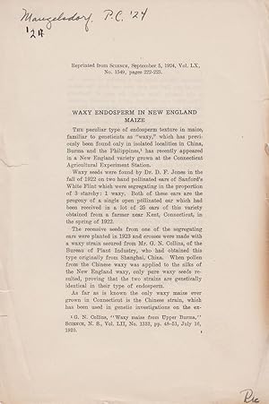 Imagen del vendedor de Waxy Endosperm in New England Maize by Mangelsdorf, P.C. a la venta por Robinson Street Books, IOBA